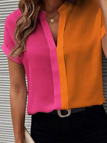 storexq Short Sleeves Contrast Color Split-Joint V-Neck Blouses&Shirts Tops