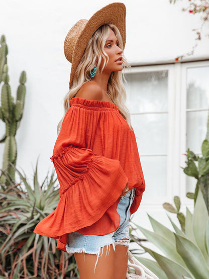 storexq Urban Solid Color Pleated Puff Sleeves Off-The-Shoulder Blouse