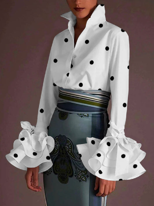 storexq Flared Sleeves Falbala Polka-Dot Lapel Collar Blouses&Shirts Tops