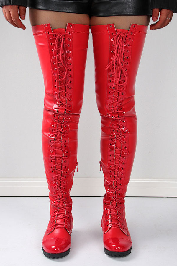 storexq Solid Color Unique Strappy Thigh-Length Boots