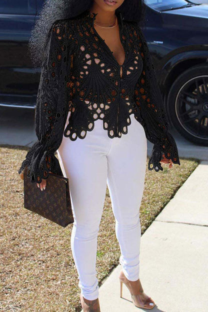 storexq Lace Deep V Sweet Cutout Blouse