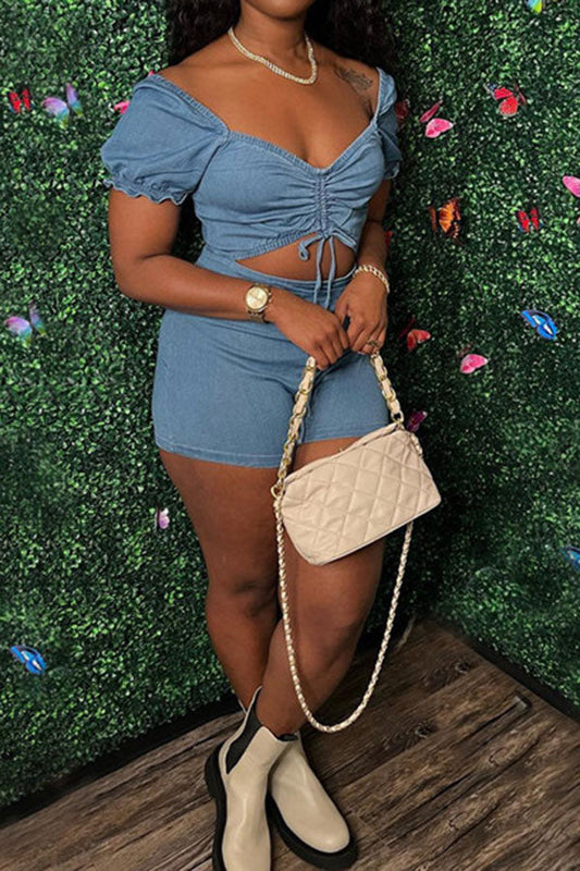 storexq Solid Color Drawstring Sweet Denim Romper