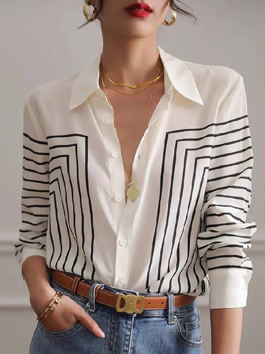 storexq Casual Long Sleeves Printed Lapel Blouses&Shirts Tops