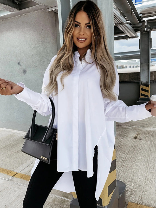 storexq Urban Long Sleeves High-Low Solid Color Lapel Collar Blouses