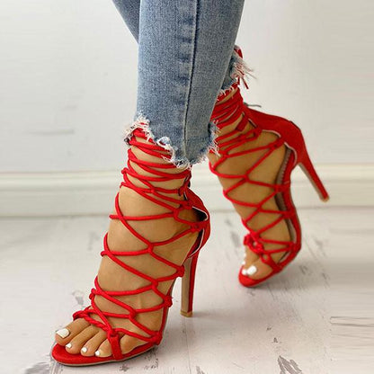 storexq Solid Color Chic Lace-Up Knotted Stiletto Sandals