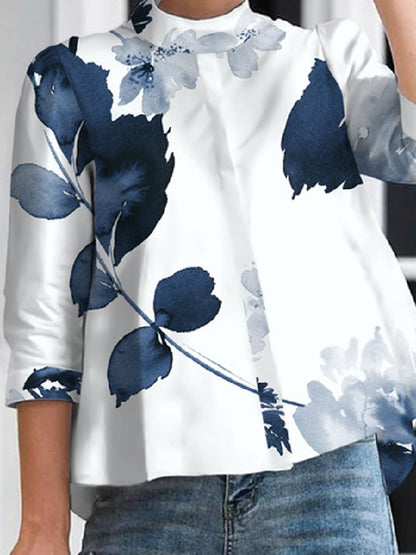 storexq Three-Quarter Sleeves Floral Printed Stand Collar Blouses&Shirts Tops