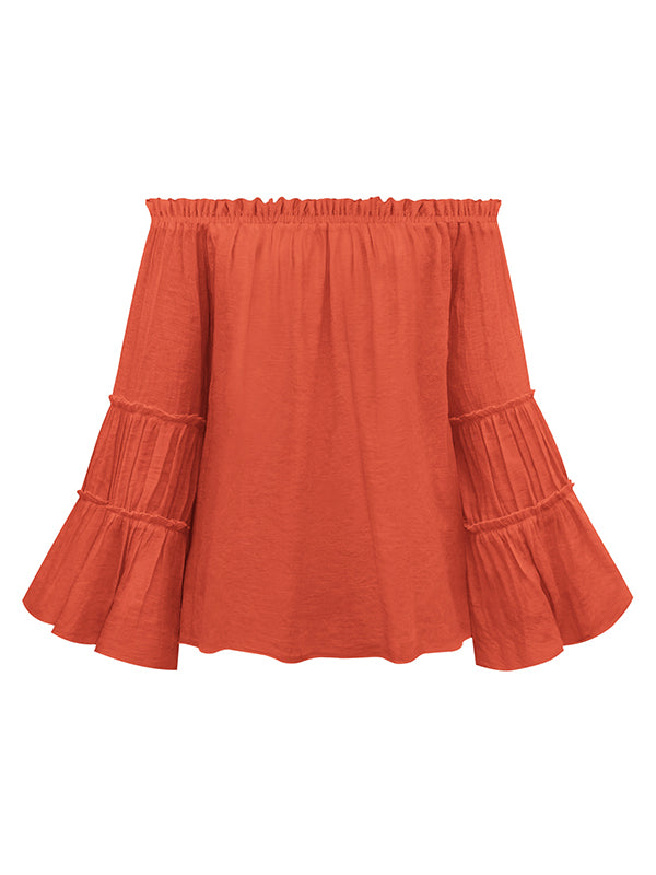 storexq Urban Solid Color Pleated Puff Sleeves Off-The-Shoulder Blouse