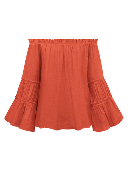 storexq Urban Solid Color Pleated Puff Sleeves Off-The-Shoulder Blouse