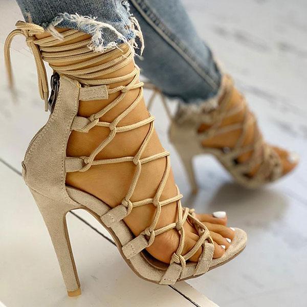 storexq Solid Color Chic Lace-Up Knotted Stiletto Sandals