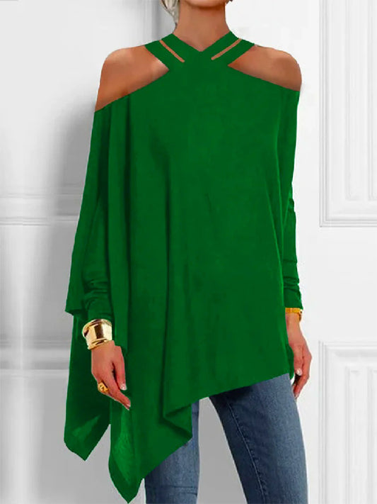 storexq Loose Asymmetric Hollow Solid Color Cold Shoulder Blouses&Shirts Tops