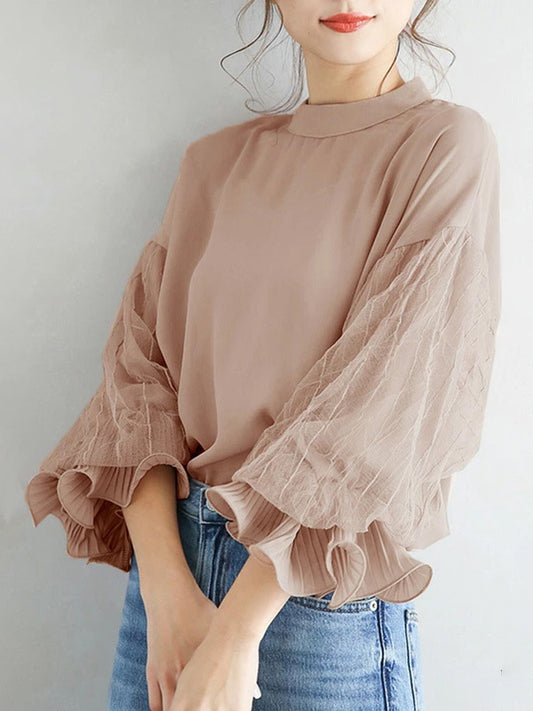 storexq Simple Solid Color Puff Sleeve Mesh Splicing Chiffon Shirt