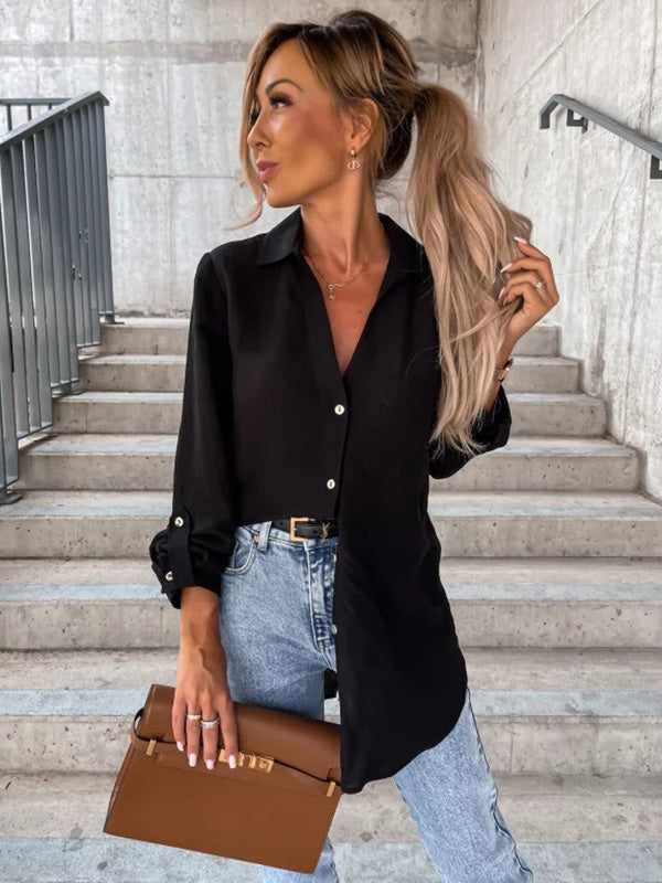 storexq Trendy Long Sleeves Solid Color Lapel Collar Blouses