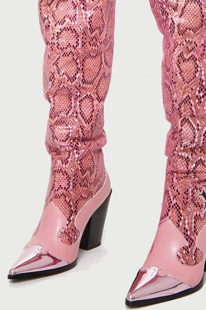 storexq Pink Snake Print Patchwork Modern Boots