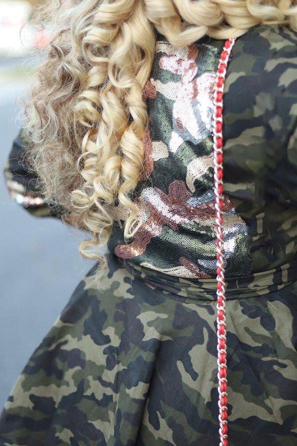 storexq Sequin Patchwork Camouflage Lapel Cute Coat With Belt