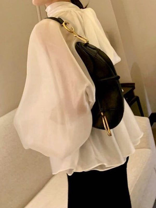 storexq Urban Black&White Puff Sleeves High-Neck Blouse