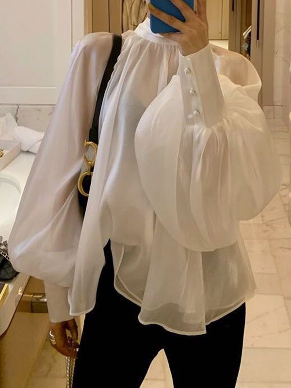 storexq Urban Black&White Puff Sleeves High-Neck Blouse